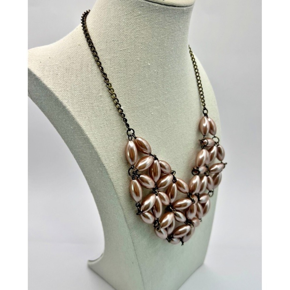 Vintage-Style Beaded Bib Necklace Blush‎ Pink Mocha Faux Pearls Feminine Costume